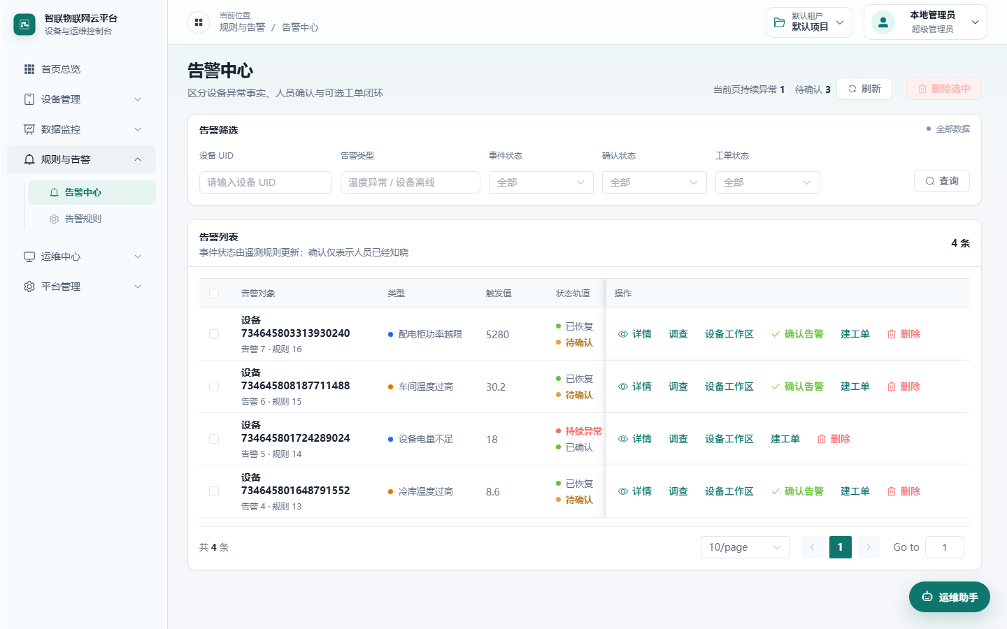 IoT Platform 告警中心,展示告警筛选、状态和处置操作